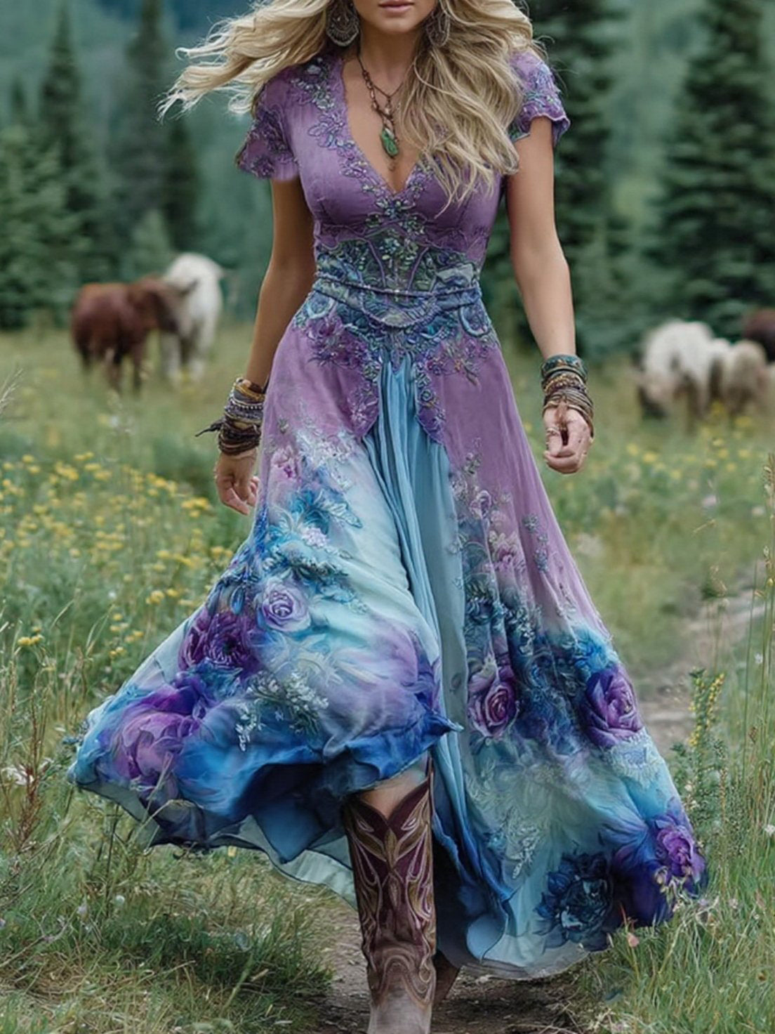 Abito floreale sfumato viola lavanda