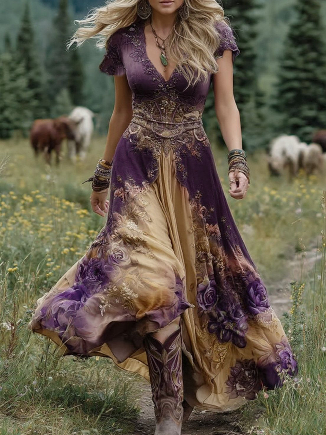 Abito floreale sfumato viola lavanda