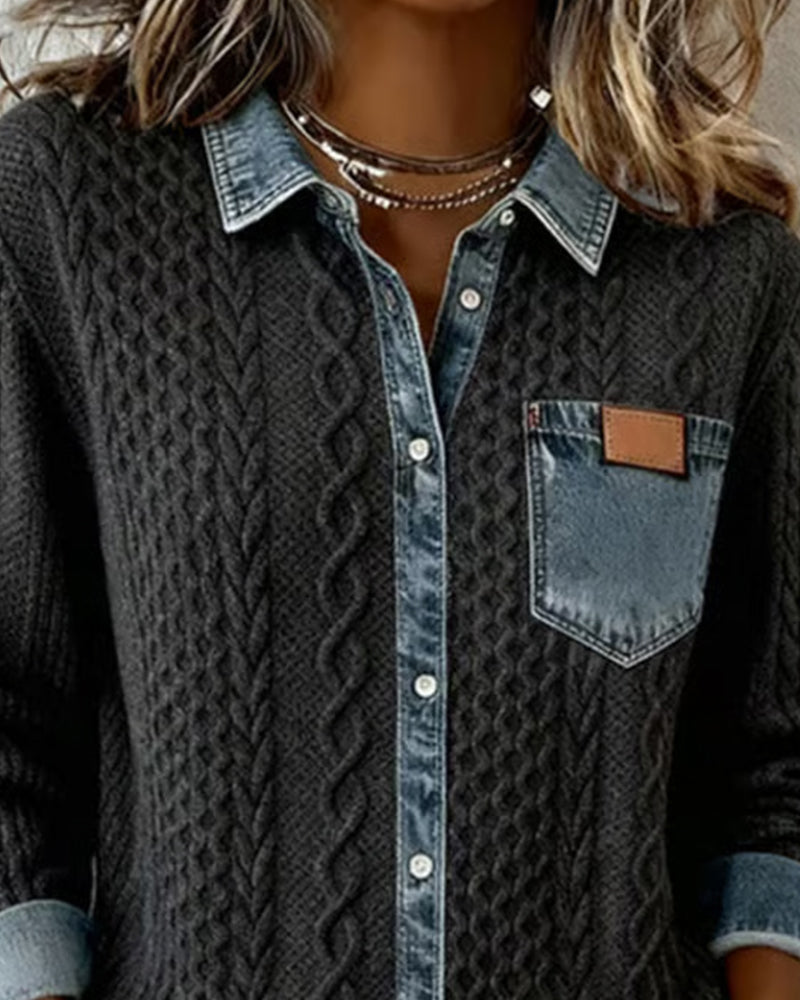 Camicia a maniche lunghe con patchwork denim