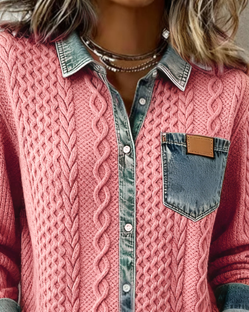 Camicia a maniche lunghe con patchwork denim
