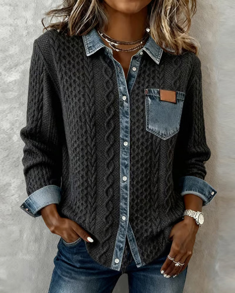 Camicia a maniche lunghe con patchwork denim