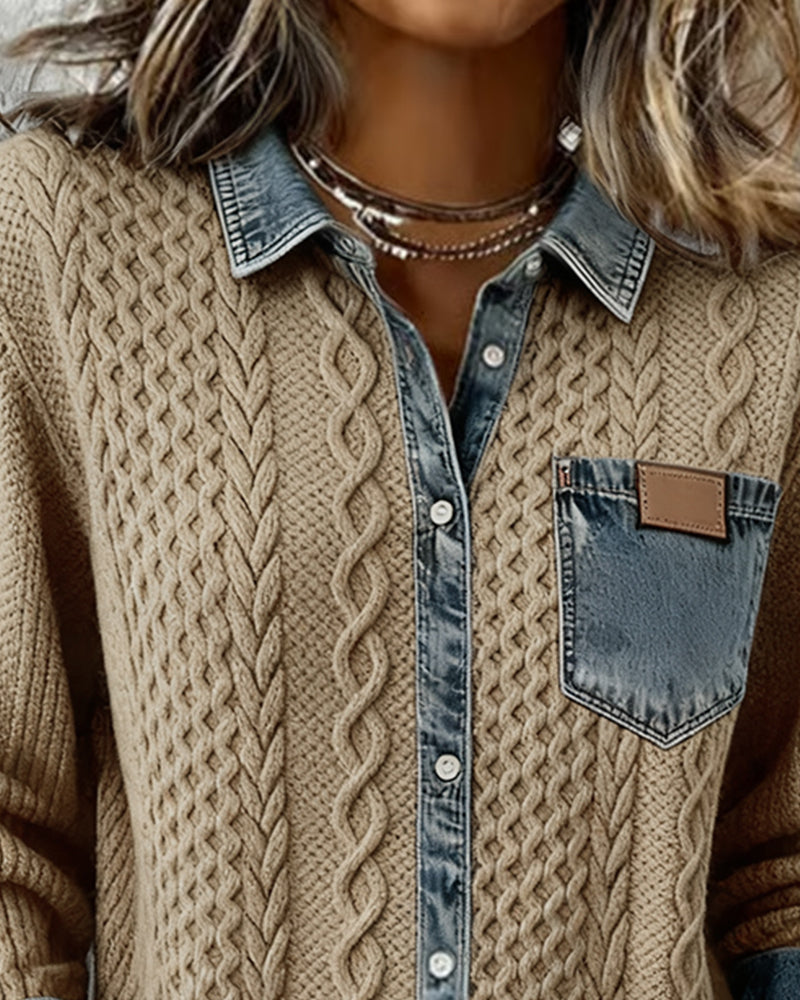 Camicia a maniche lunghe con patchwork denim