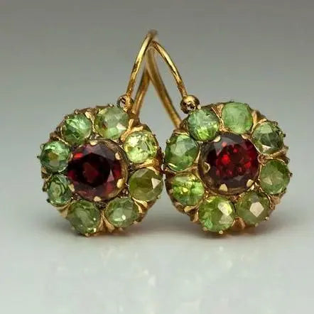 Orecchini Vintage Arrotondato con Cristallo Verde Rosso
