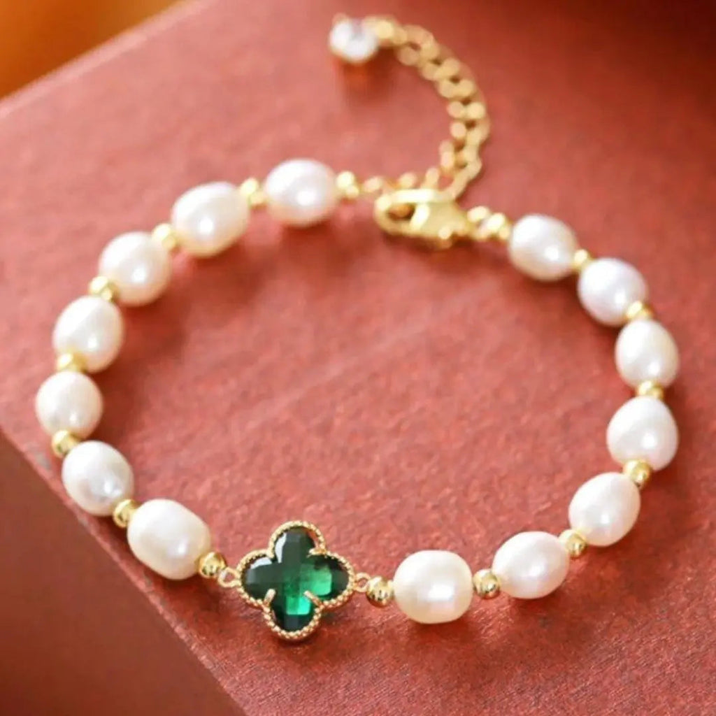 Bracciale con Perline e Perle e Pietra Verde