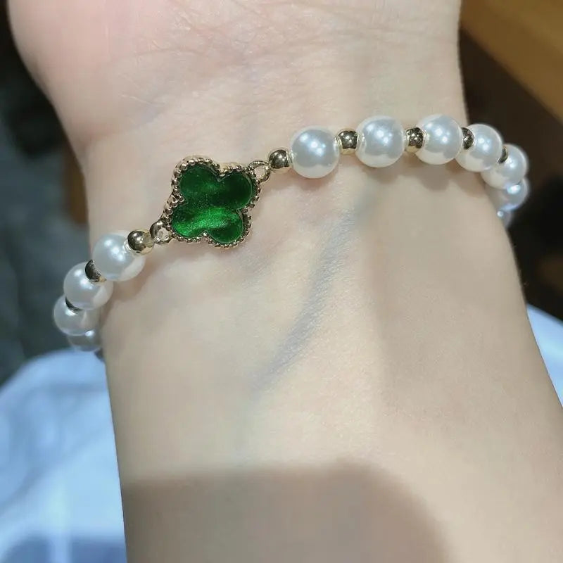 Bracciale con Perline e Perle e Pietra Verde