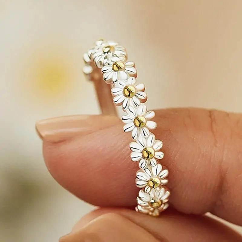Anello Regolabile Dipinto a Mano Floreale con Smalto Argentato