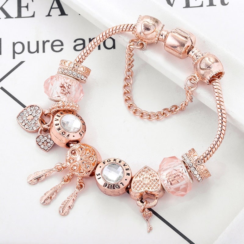 Bracciale Floreale con Gatto e Charm Oro Rosa