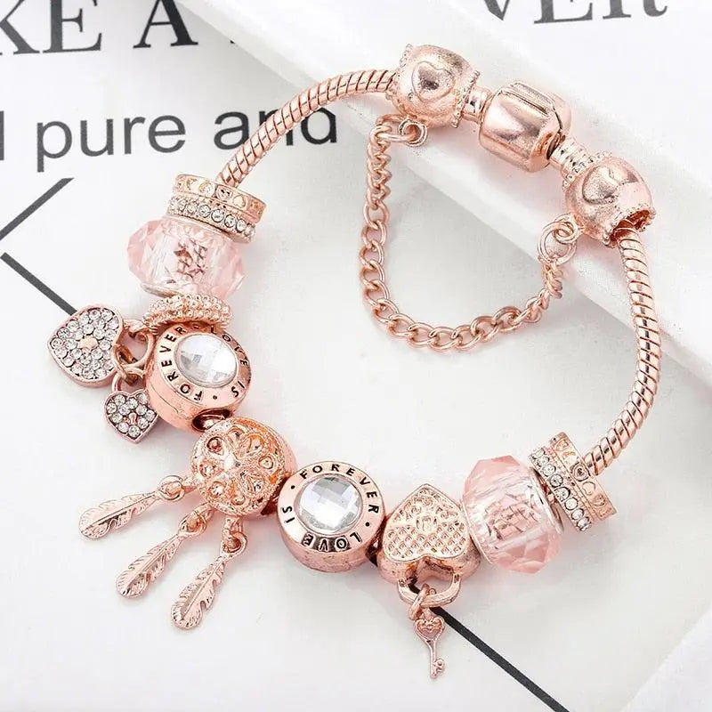 Bracciale Floreale con Gatto e Charm Oro Rosa