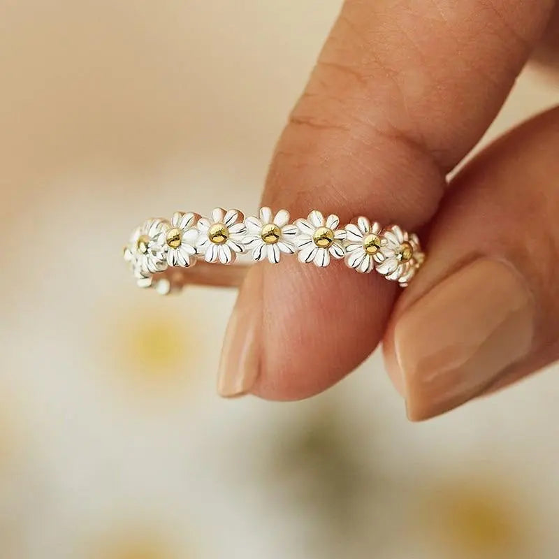 Anello Regolabile Dipinto a Mano Floreale con Smalto Argentato
