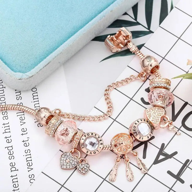 Bracciale Floreale con Gatto e Charm Oro Rosa