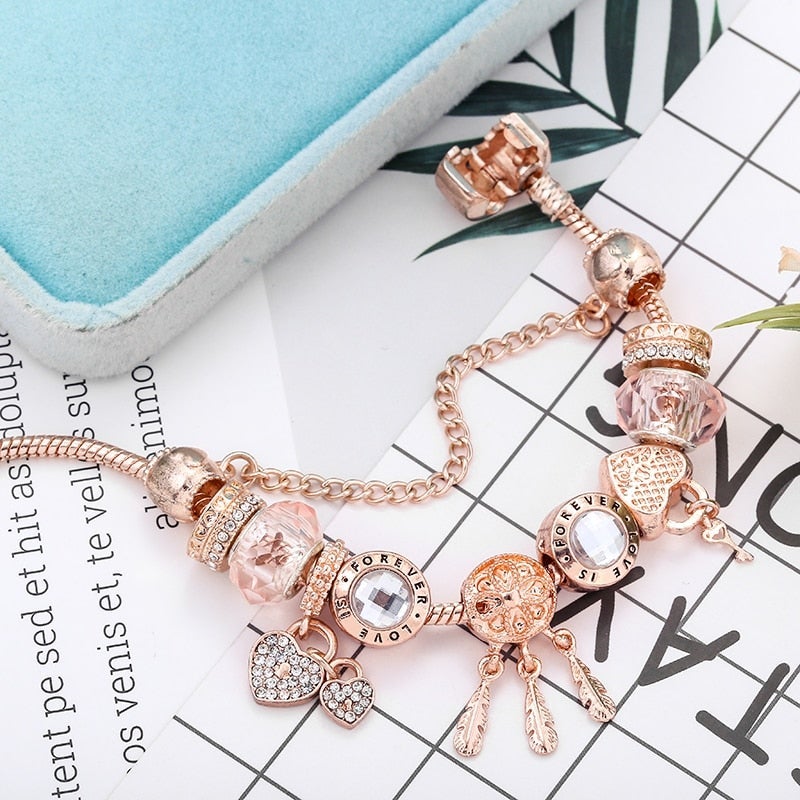 Bracciale Floreale con Gatto e Charm Oro Rosa