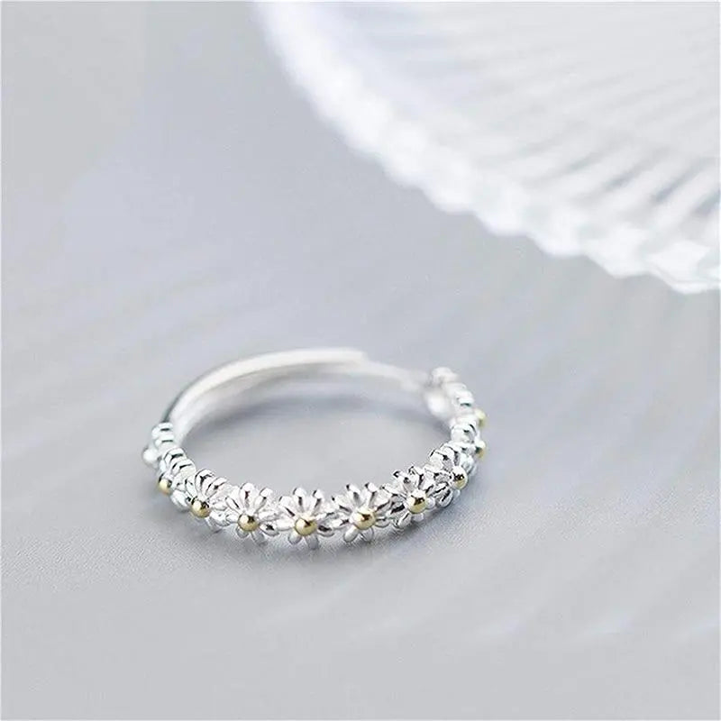Anello Regolabile Dipinto a Mano Floreale con Smalto Argentato
