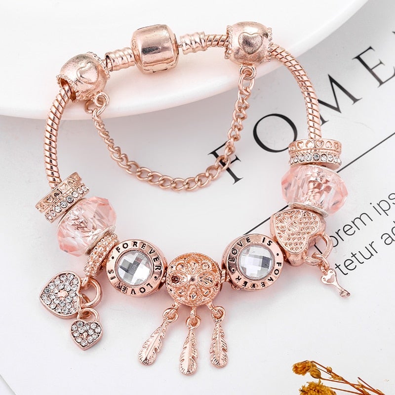 Bracciale Floreale con Gatto e Charm Oro Rosa
