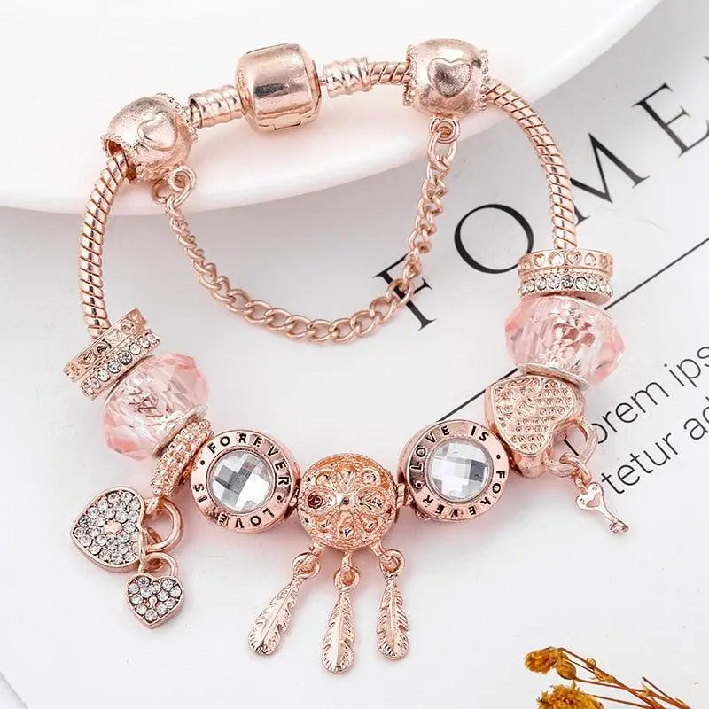 Bracciale Floreale con Gatto e Charm Oro Rosa