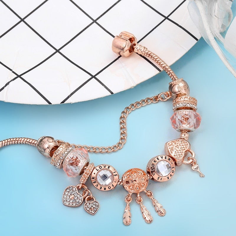 Bracciale Floreale con Gatto e Charm Oro Rosa