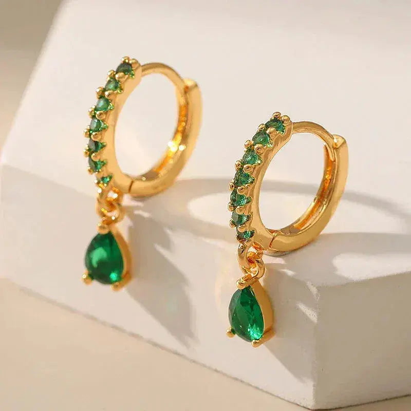 Orecchini con Zirconia e Pietra Verde Dorati