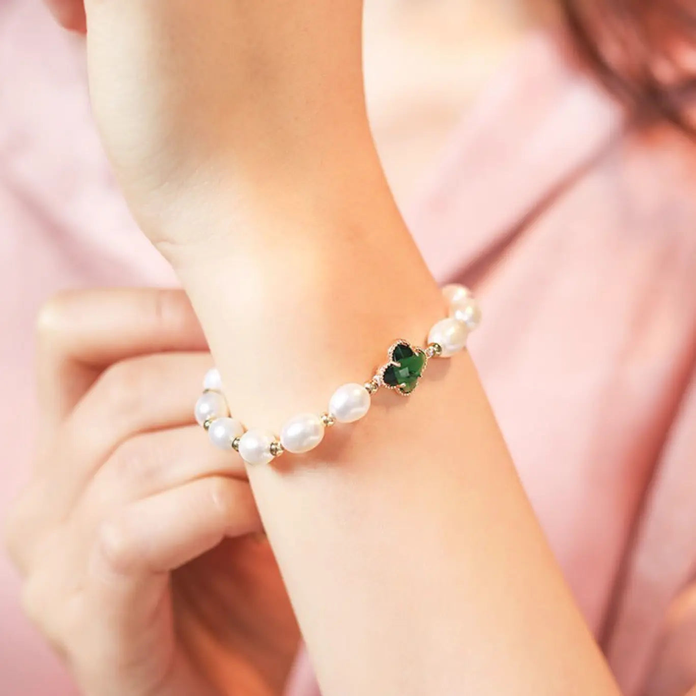 Bracciale con Perline e Perle e Pietra Verde