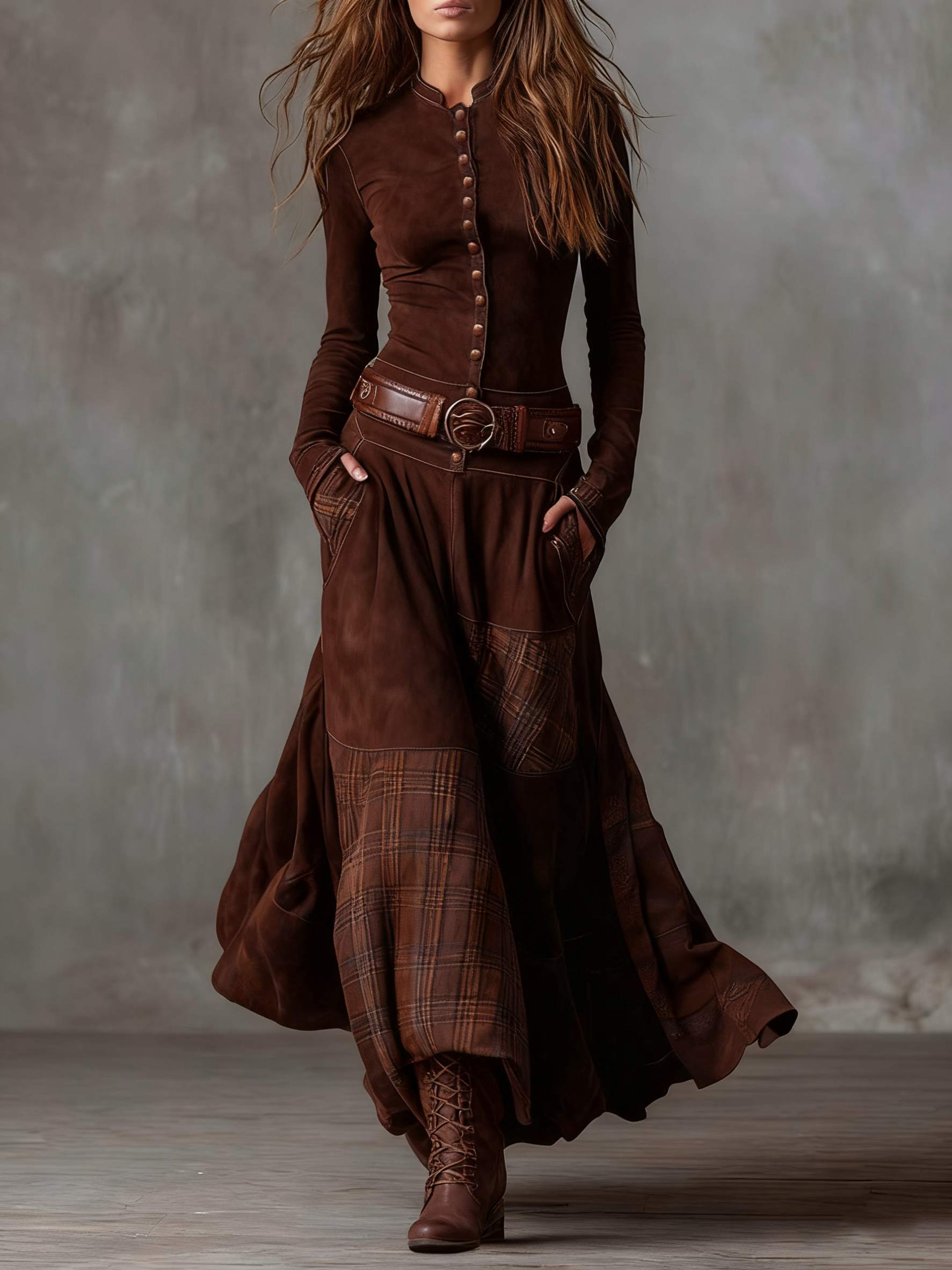 Izabella | Abito maxi effetto suede con cintura inclusa