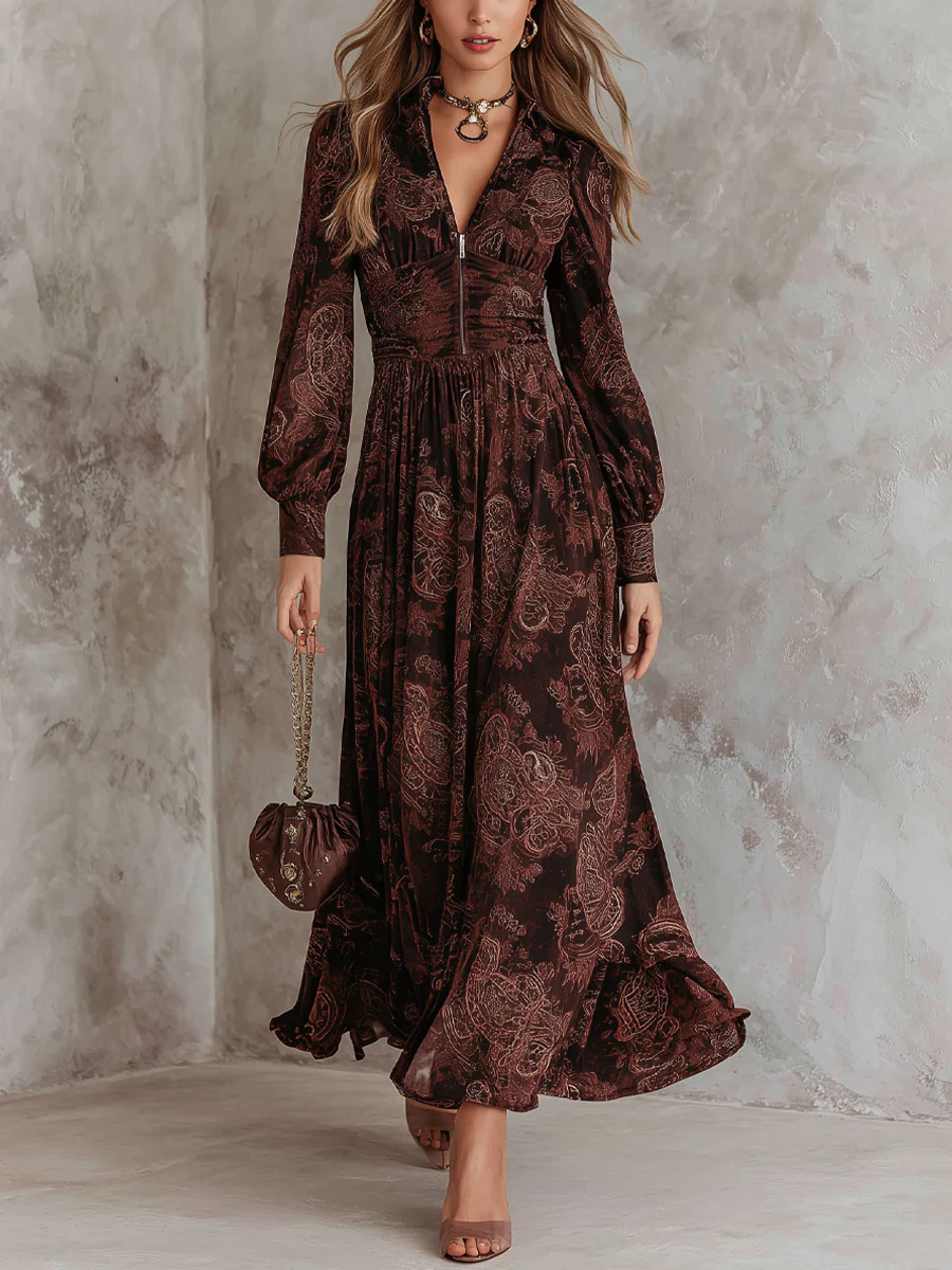 Amelia | Abito maxi paisley con zip in vita
