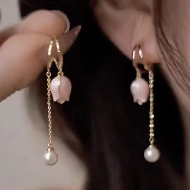 Orecchini Elegante Floreale con Perle Oro Rosa