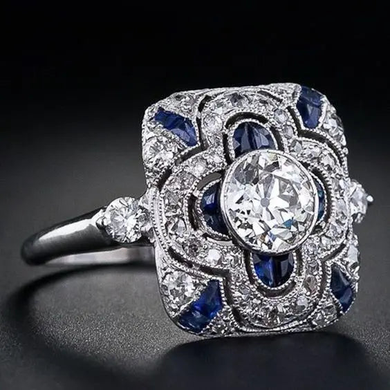 Anello Vintage con Zirconia Blu Argentato