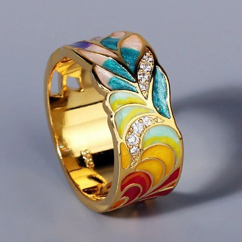 Anello Vintage Dipinto a Mano Floreale Dorato