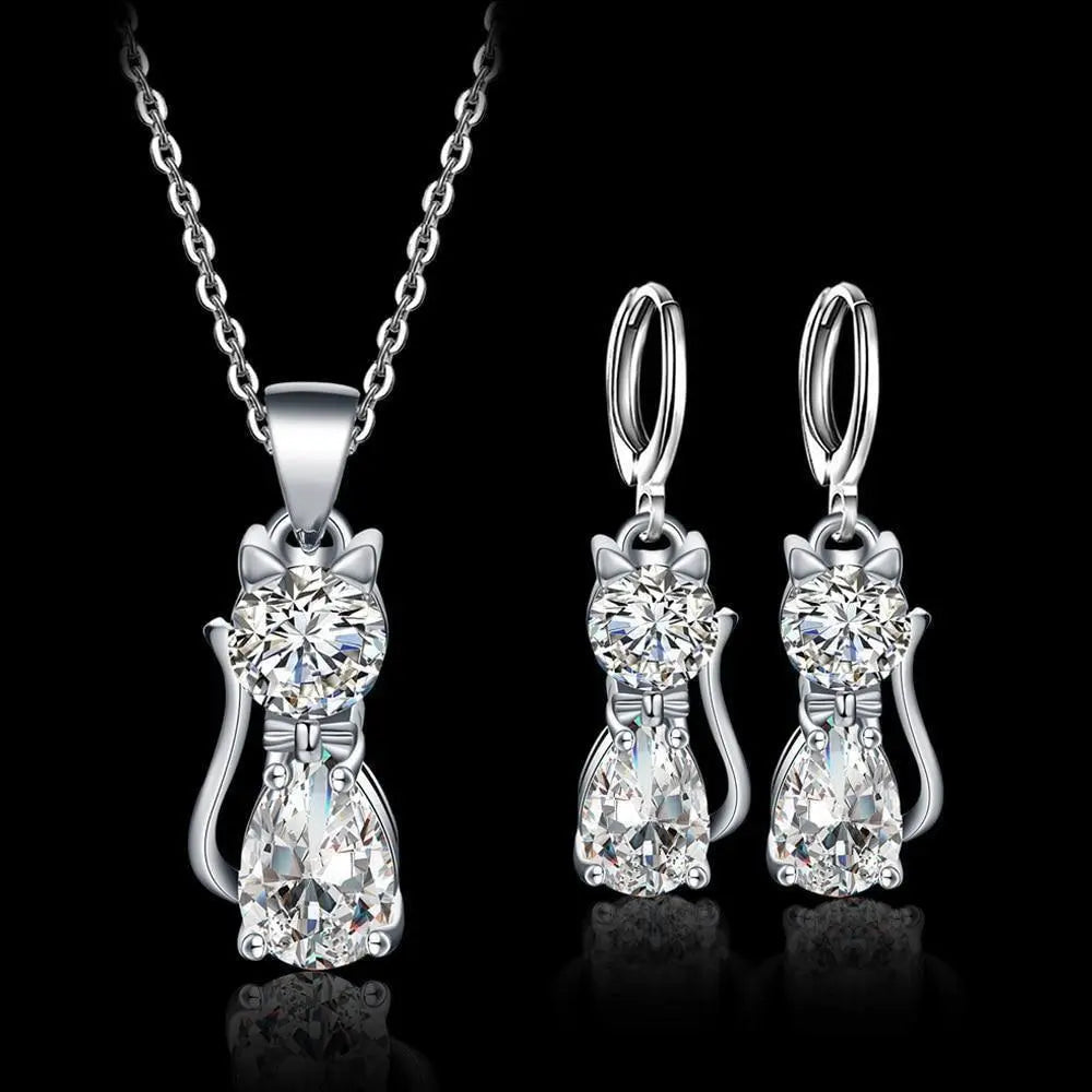 Set di Gioielli con Gatto e Zirconia Bianca Argentati