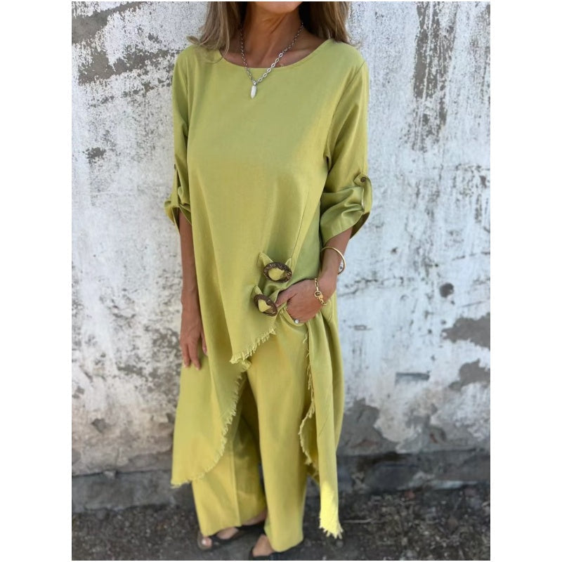 Completo due pezzi in cotone-lino con abito e pantaloni