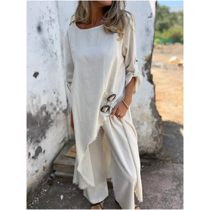 Completo due pezzi in cotone-lino con abito e pantaloni