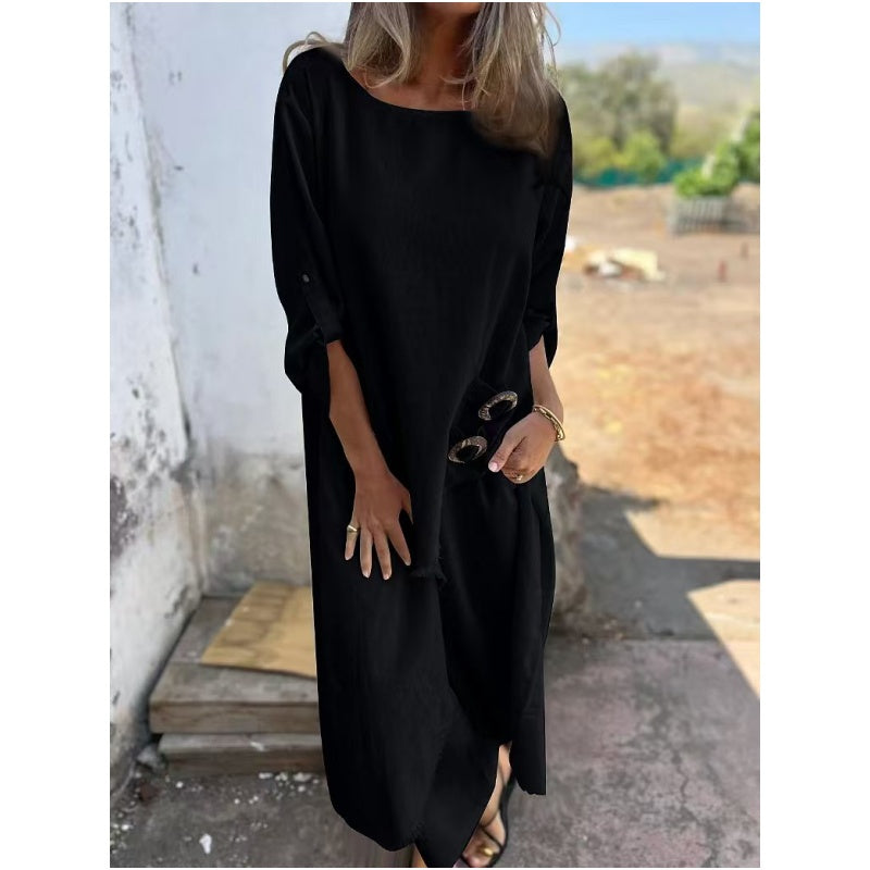 Completo due pezzi in cotone-lino con abito e pantaloni