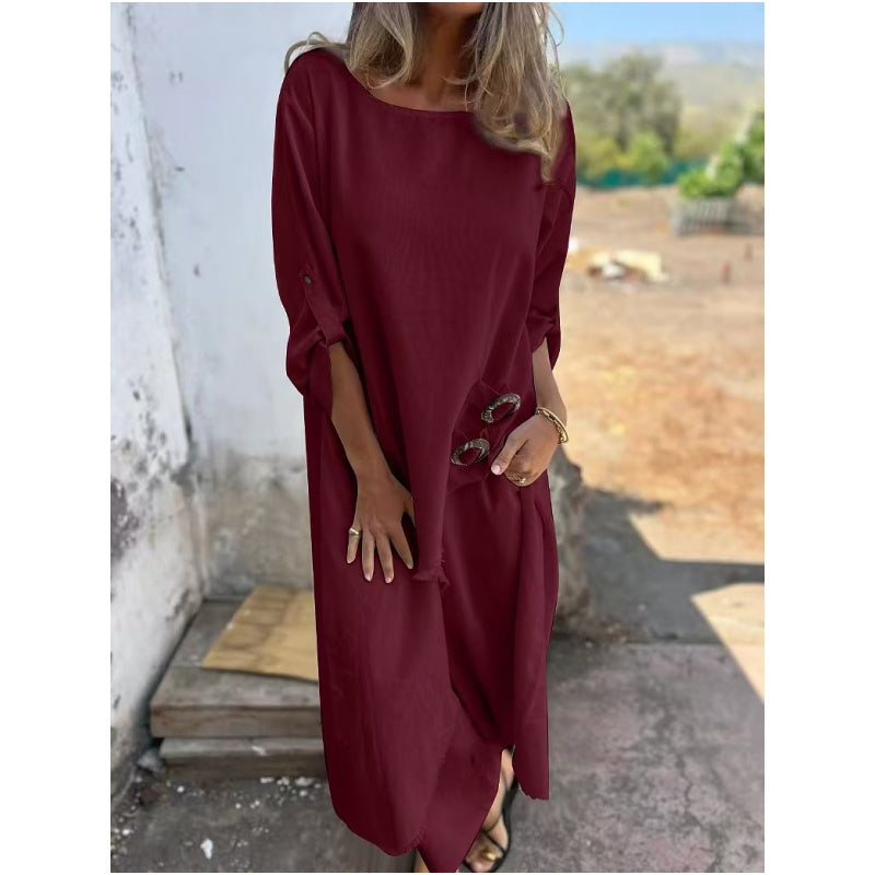 Completo due pezzi in cotone-lino con abito e pantaloni