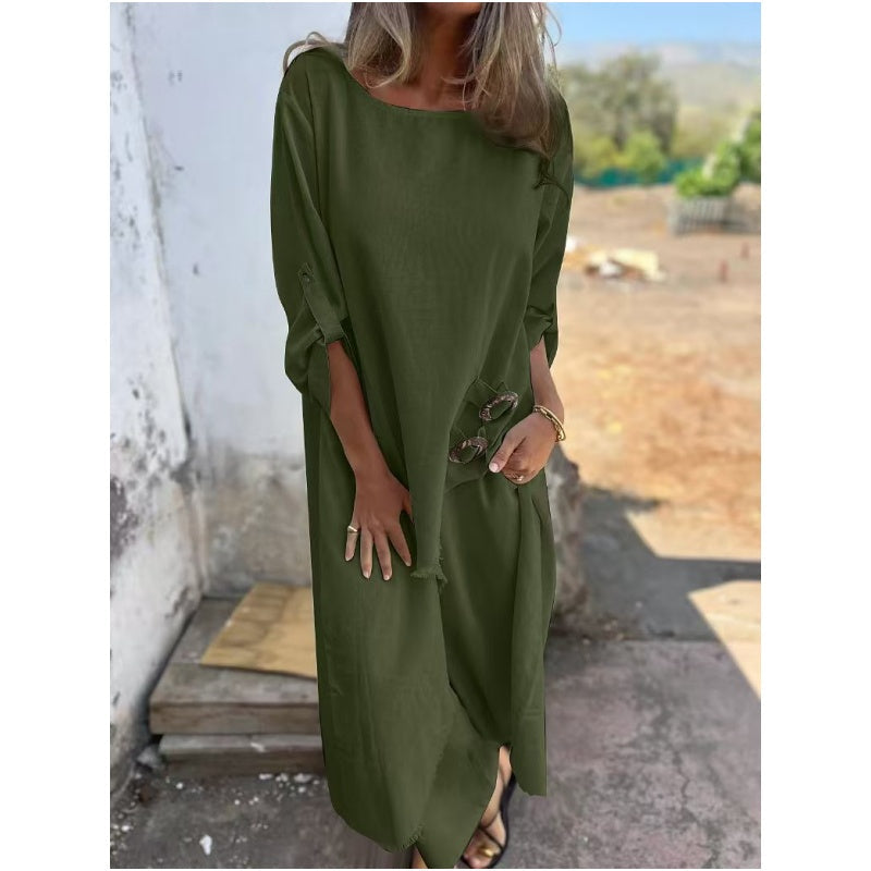 Completo due pezzi in cotone-lino con abito e pantaloni